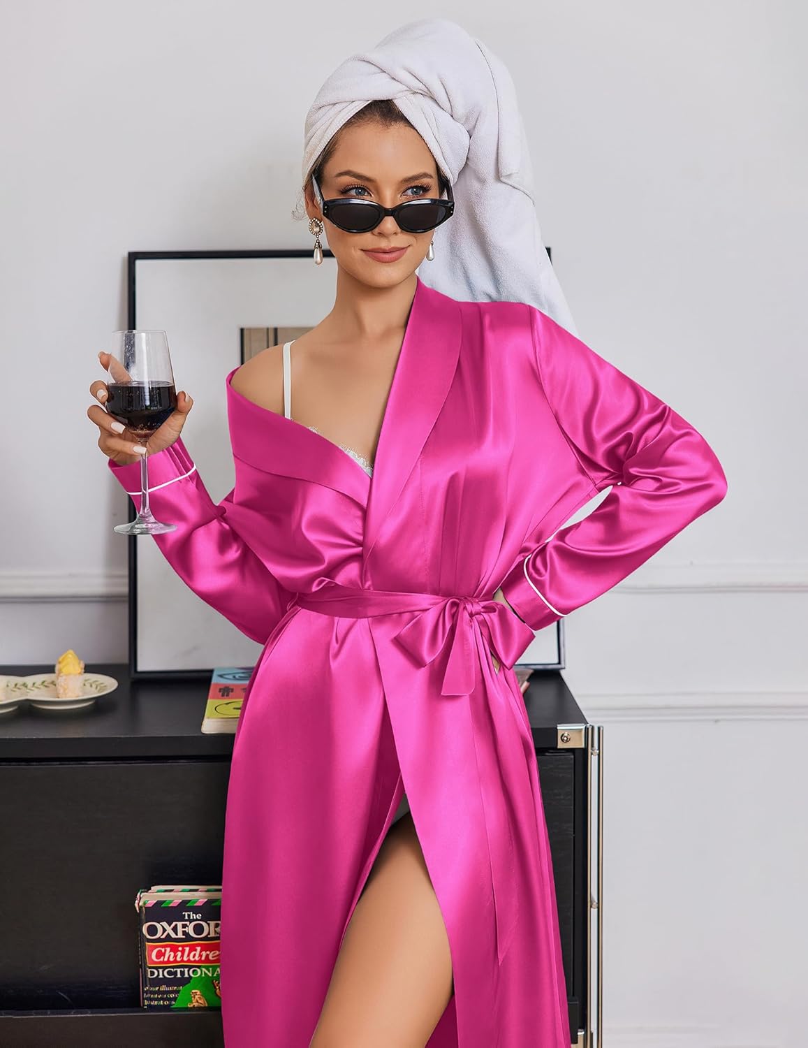 Light pink satin long robe with shawl collar and waist tie belt, wide sleeves