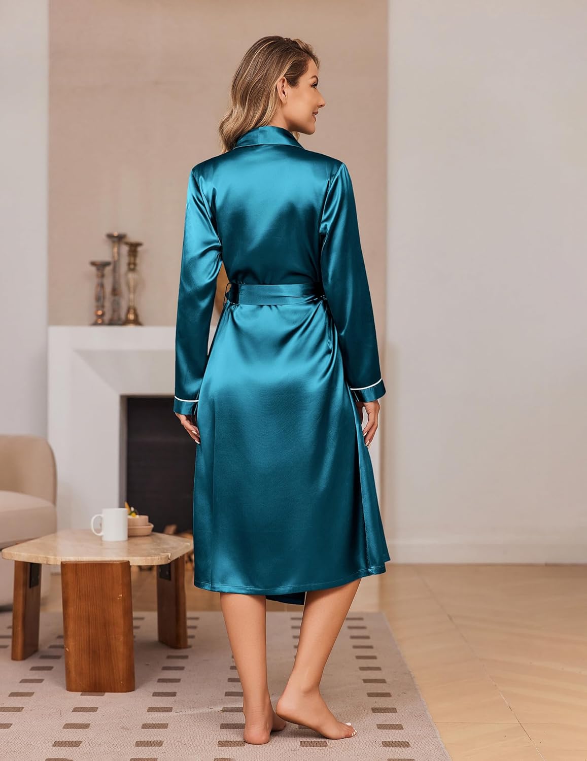 Silk satin robe, shawl collar and belt tie, teal, back view