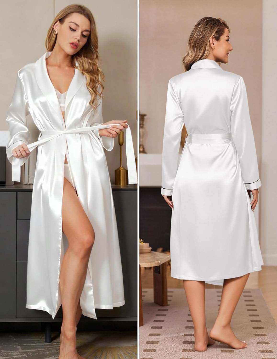 White satin long robe, shawl collar, belted waist tie, long sleeves, front slit