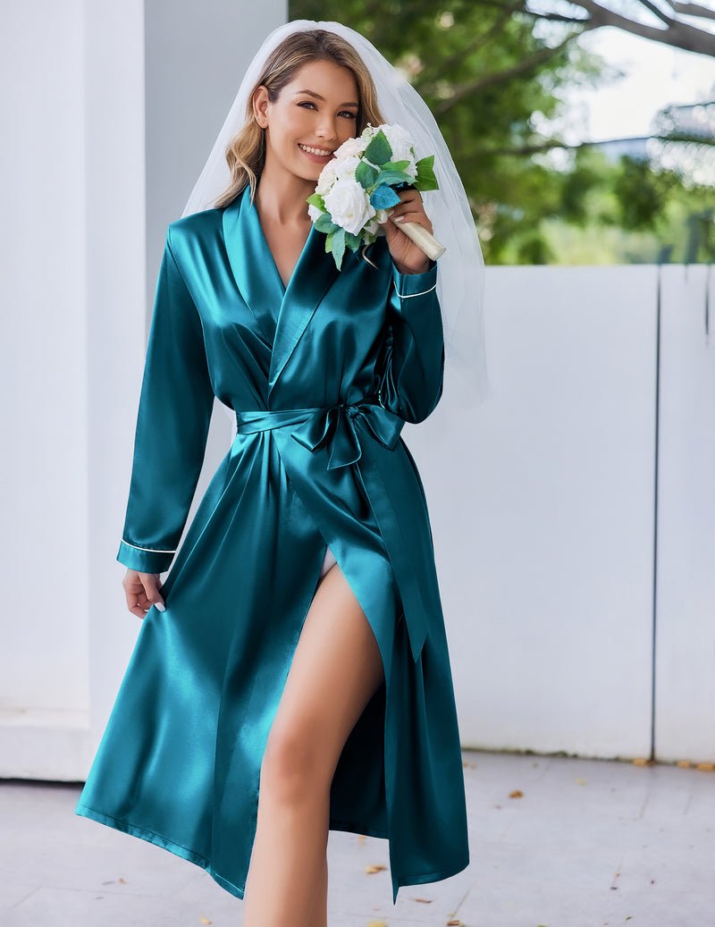 Teal satin bridal robe with shawl collar, belt tie, long sleeves, side slit