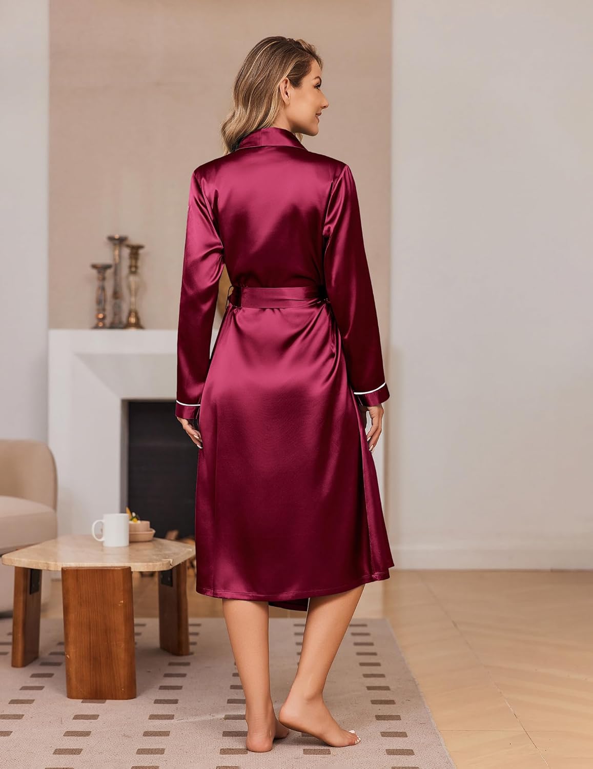 Wine red satin robe back view, shawl collar, belted waist, long sleeves, midi length