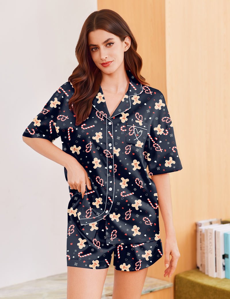 Satin-Pyjama-Set 2-teilig mit Gingerbread-Print, kurze Hose, offener Knopfkragen