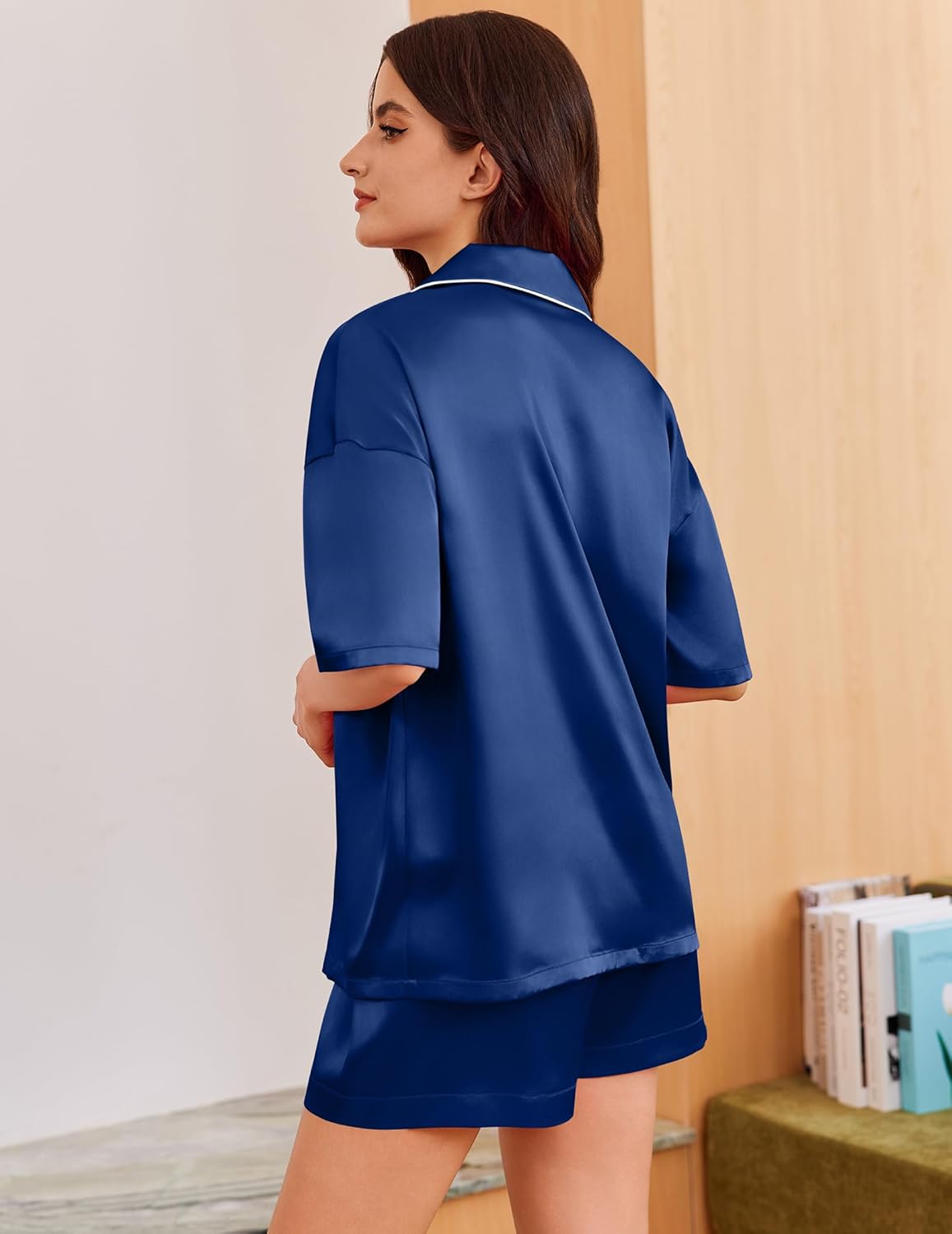 Back view: dark blue silk satin pajama set with heart embroidery, short sleeves & shorts