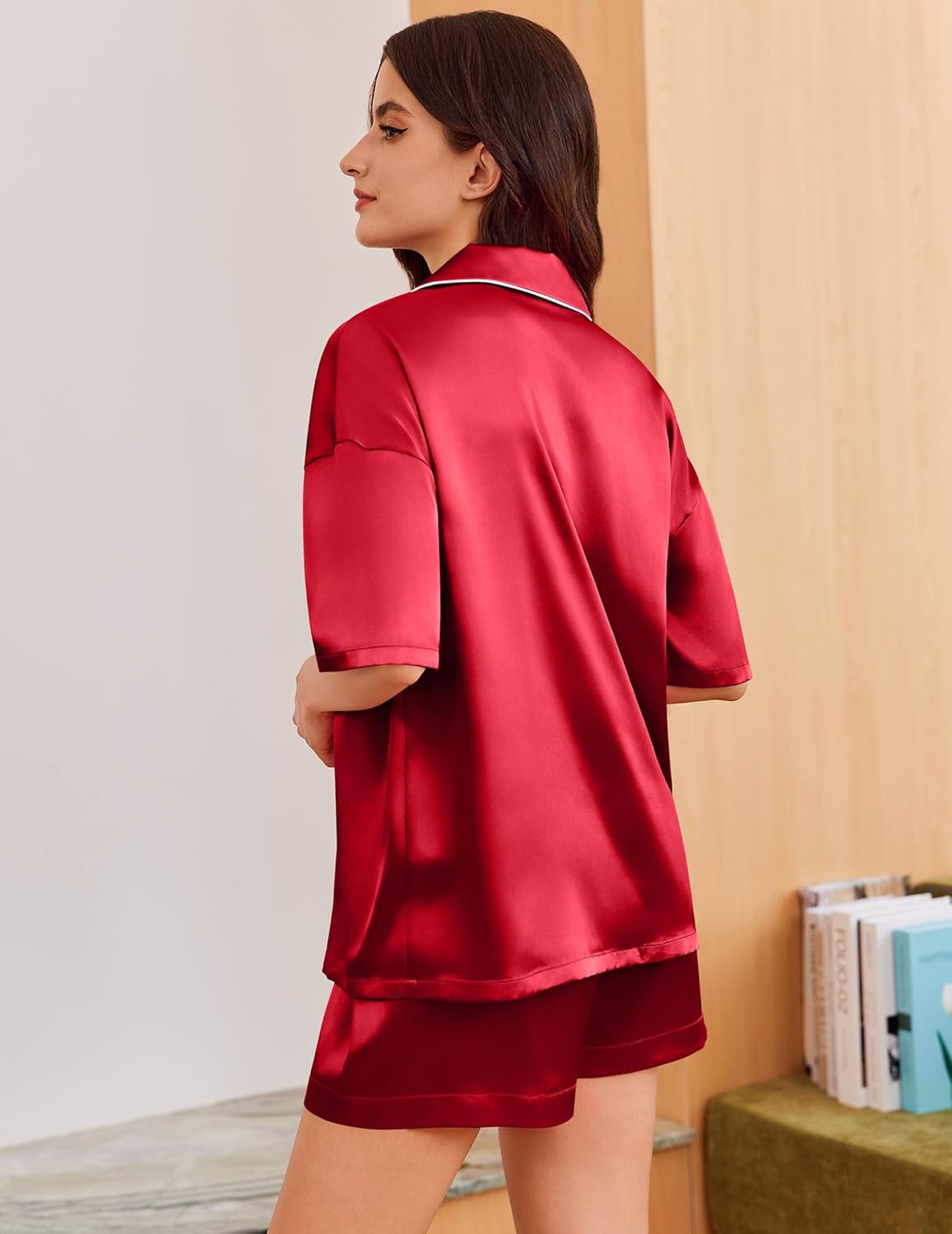 Back view: red silk satin pajama set with heart embroidery, short sleeves and shorts