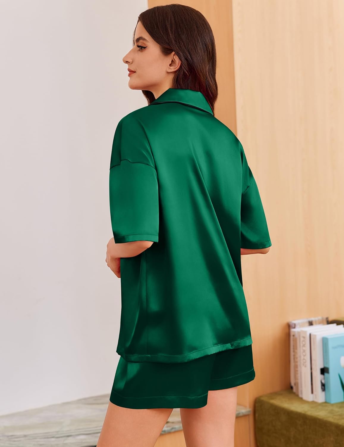 Back view: dark green silk satin pajama set with heart embroidery, shorts and short sleeves