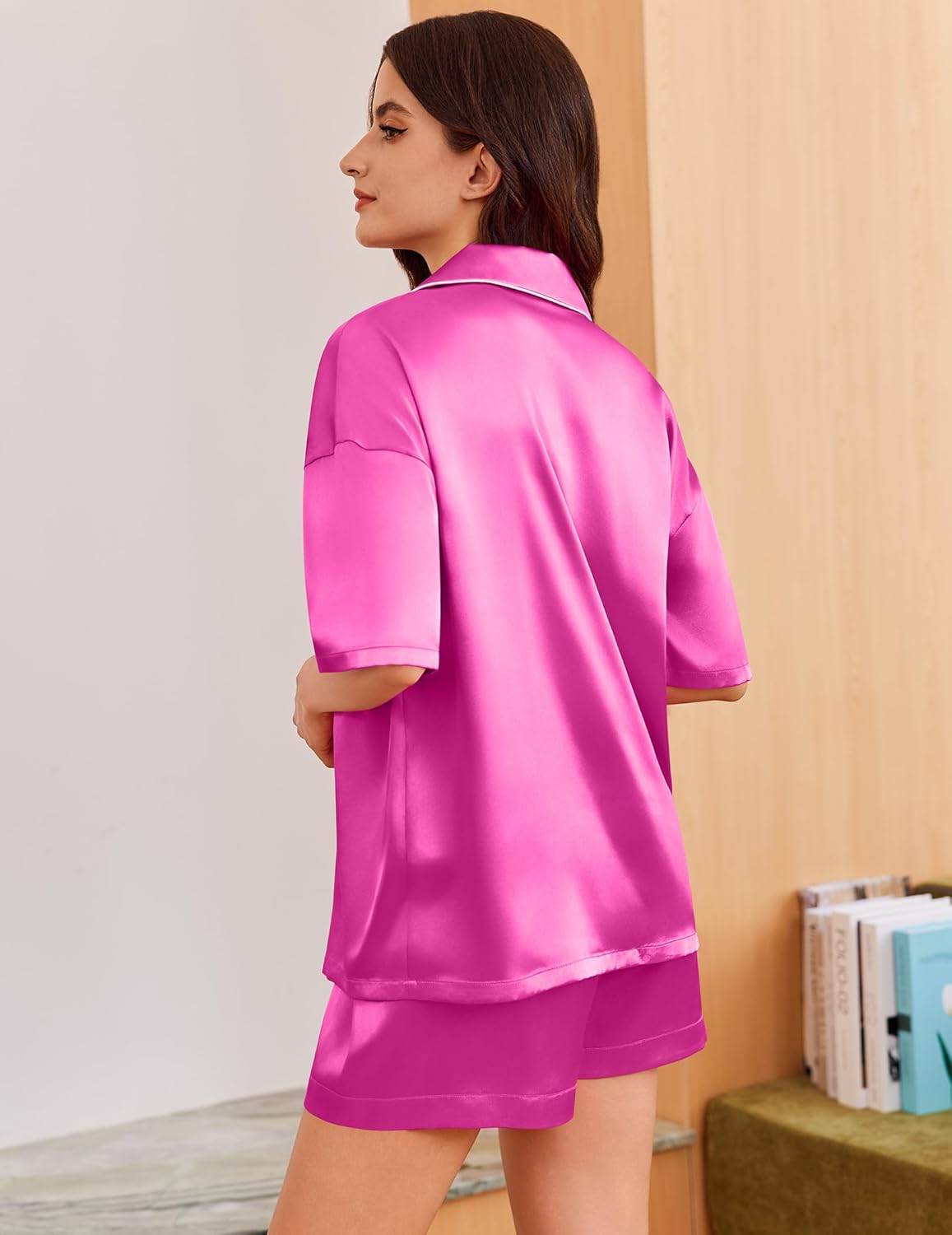 2-piece heart-embroidered silk satin pajama set, pink back view with short sleeves