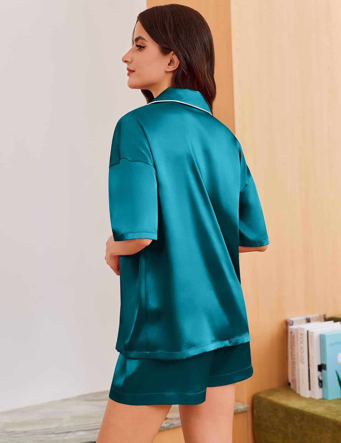 2-piece heart-embroidered silk satin pajama set, teal back view with short sleeves