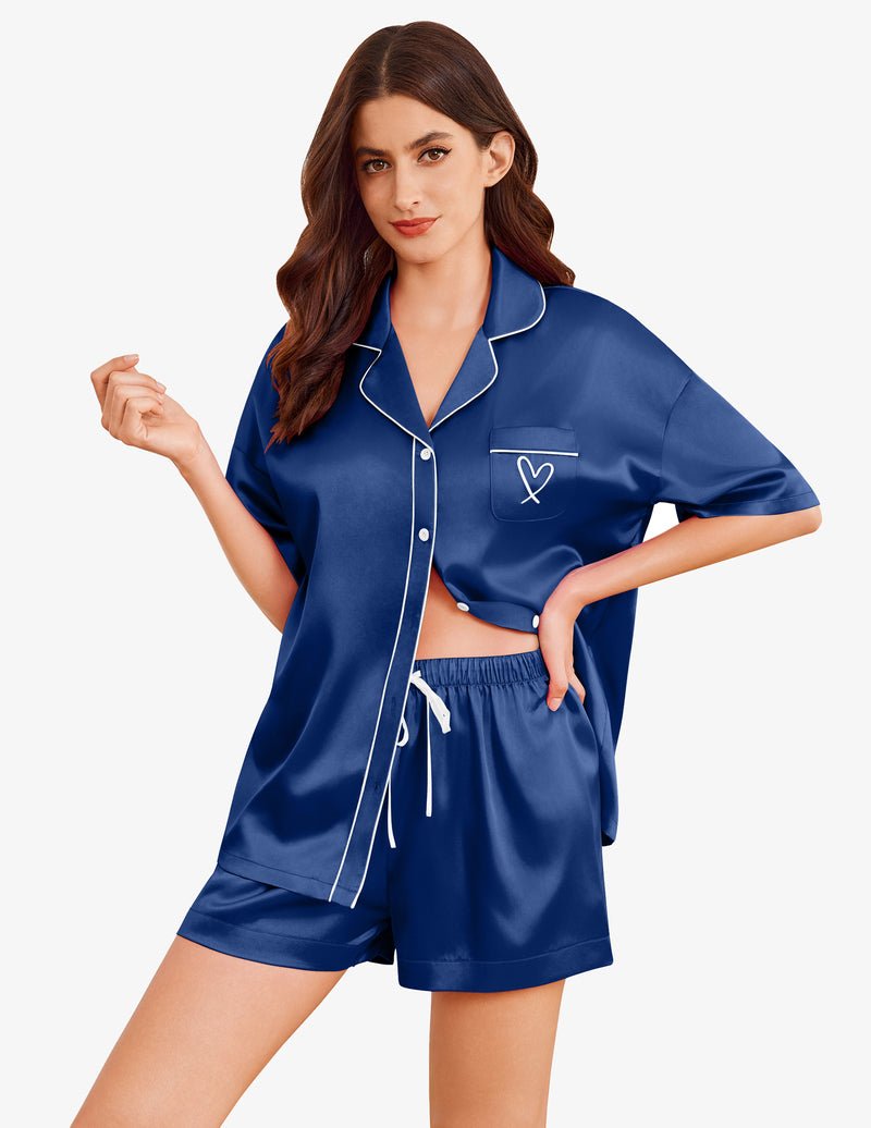 Silk satin pajama set in navy blue, heart embroidery on front pocket