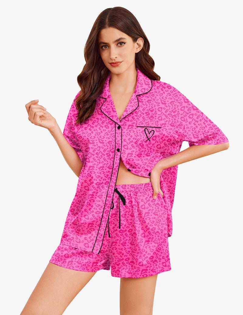Silk satin pajama set in pink leopard print, heart embroidery and drawstring shorts