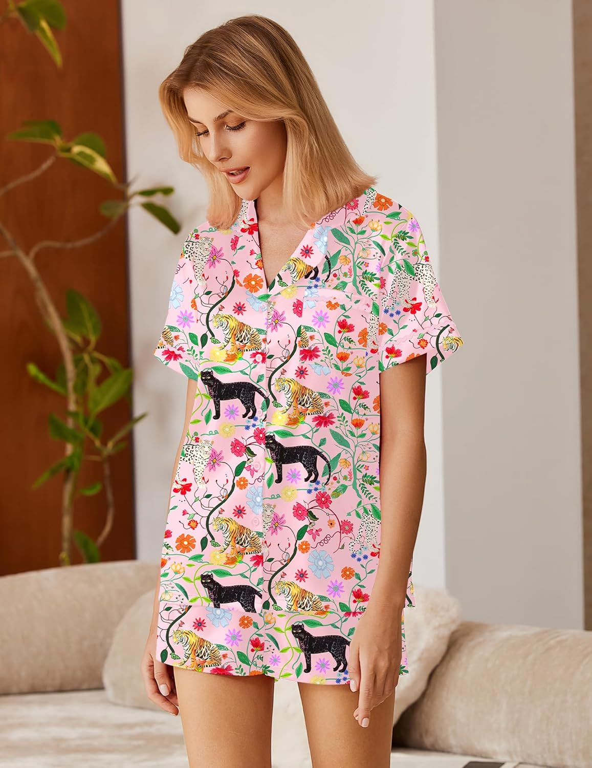 Light satin pajama set with colorful animal print, button front top and matching shorts