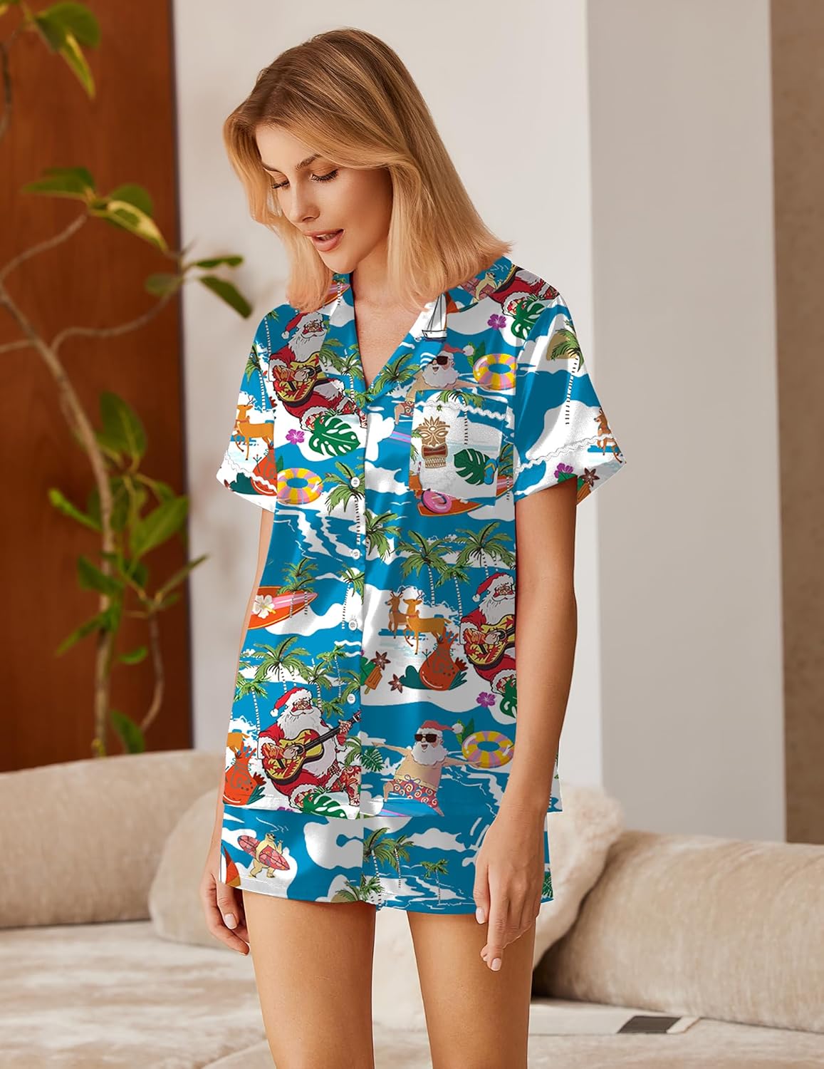 Silk satin pajama set, blue holiday tropical print button-up short sleeve top