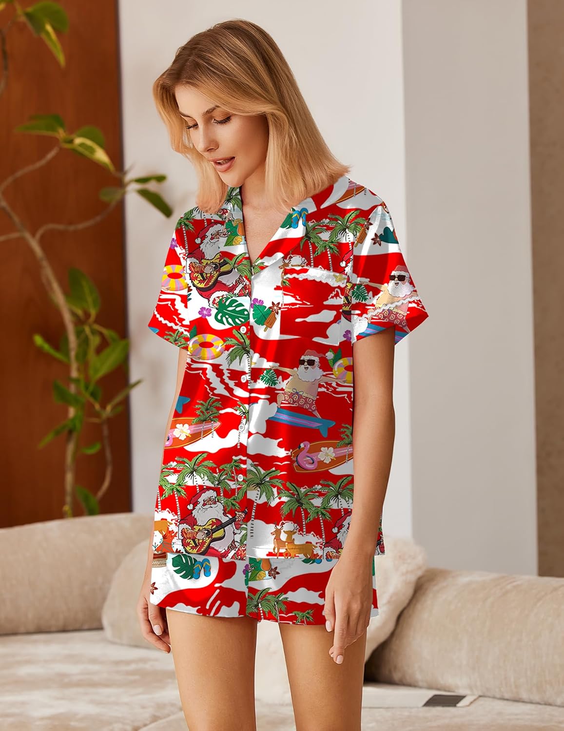 Red-and-white printed satin lounge set with short-sleeve button-down top and matching shorts