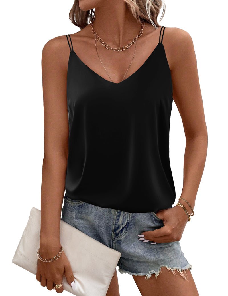 Schwarzer Satin-Camisole Tank mit V-Ausschnitt und schmalen Trägern