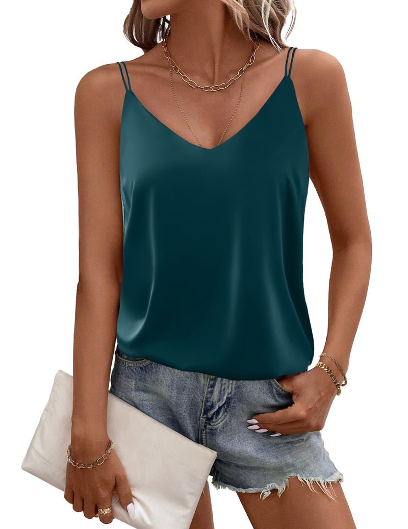 Silk satin camisole tank top, V-neck, teal blue-green, thin shoulder straps