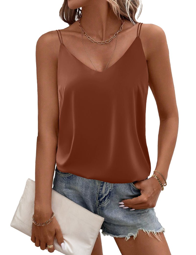 Caramelbrauner Satin-Camisole Tank mit V-Ausschnitt und schmalen Trägern