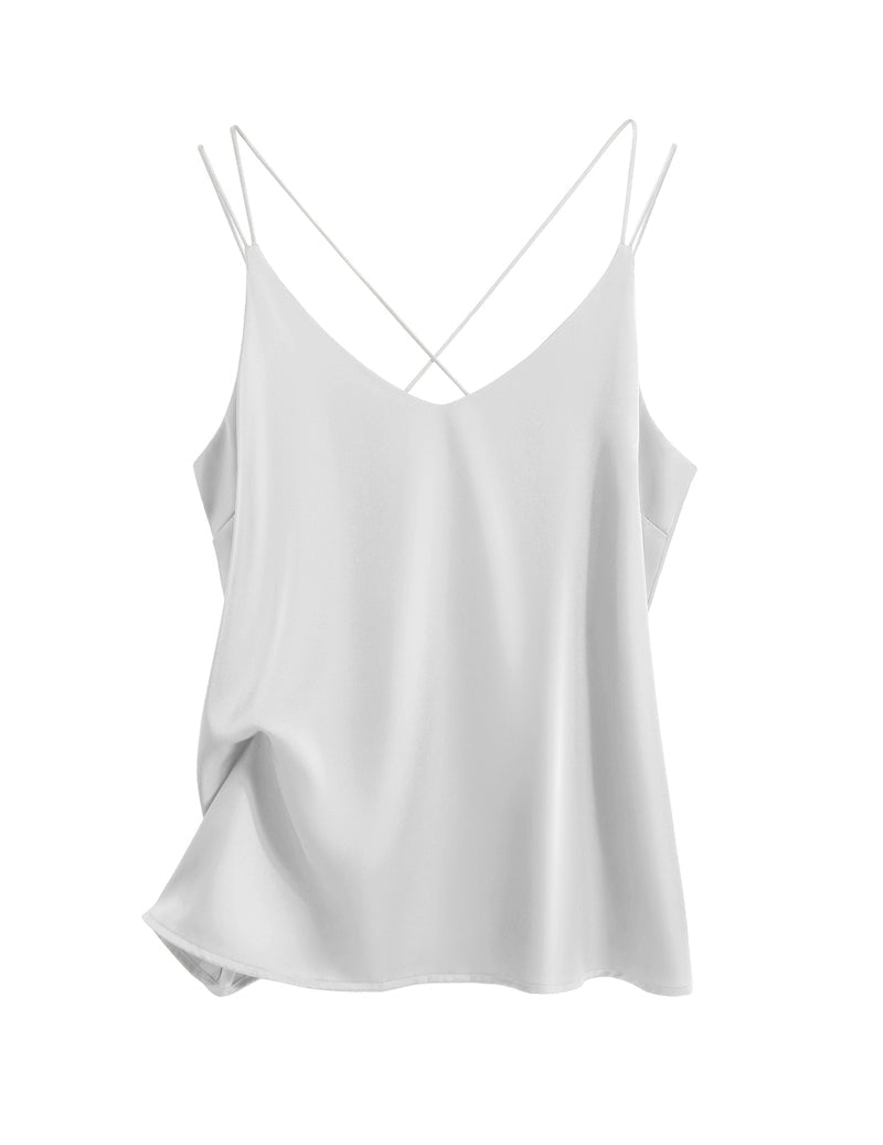 Silk satin camisole tank top, V-neck, sleeveless, white satin blouse