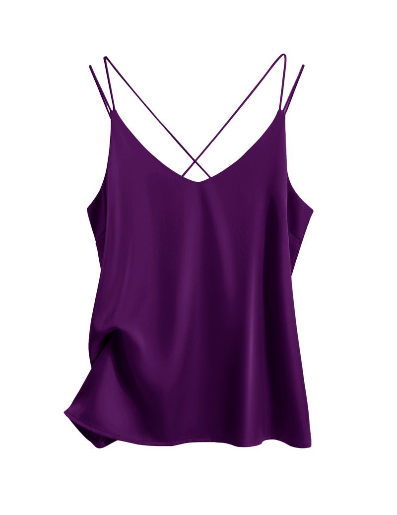 Silk satin camisole tank top, V-neck, sleeveless, purple satin drape