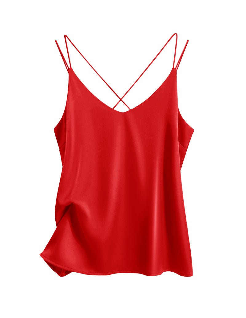 Red satin camisole tank top, V-neck, crisscross back straps