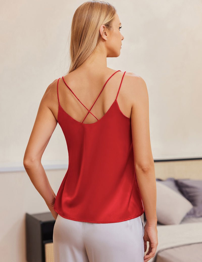 Red silk satin camisole tank top, V-neck, crisscross back straps