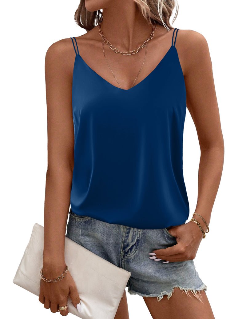 Silk satin camisole tank top, V-neck, blue satin, thin shoulder straps
