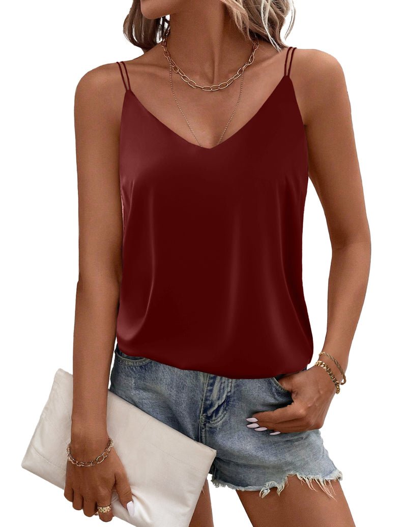 Wine red satin camisole tank top, V-neck, thin spaghetti straps