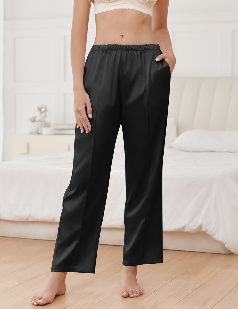 Silk satin pajama pants, black elastic waistband, relaxed wide-leg ankle length