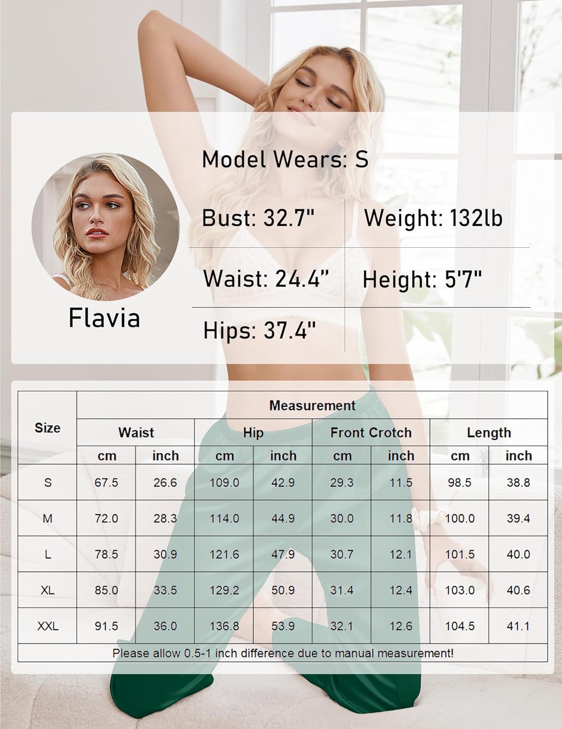 Size chart for silk satin pajama pants: waist, hip, front crotch, length