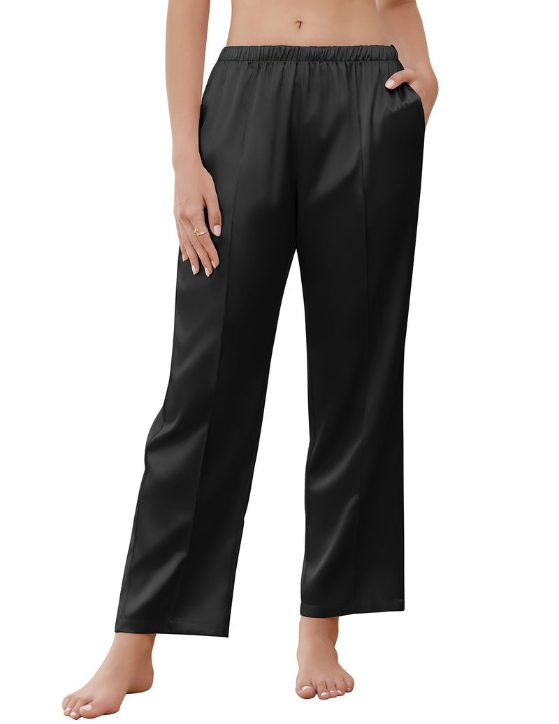 Silk satin pajama pants, black with elastic waistband and wide leg cuffs