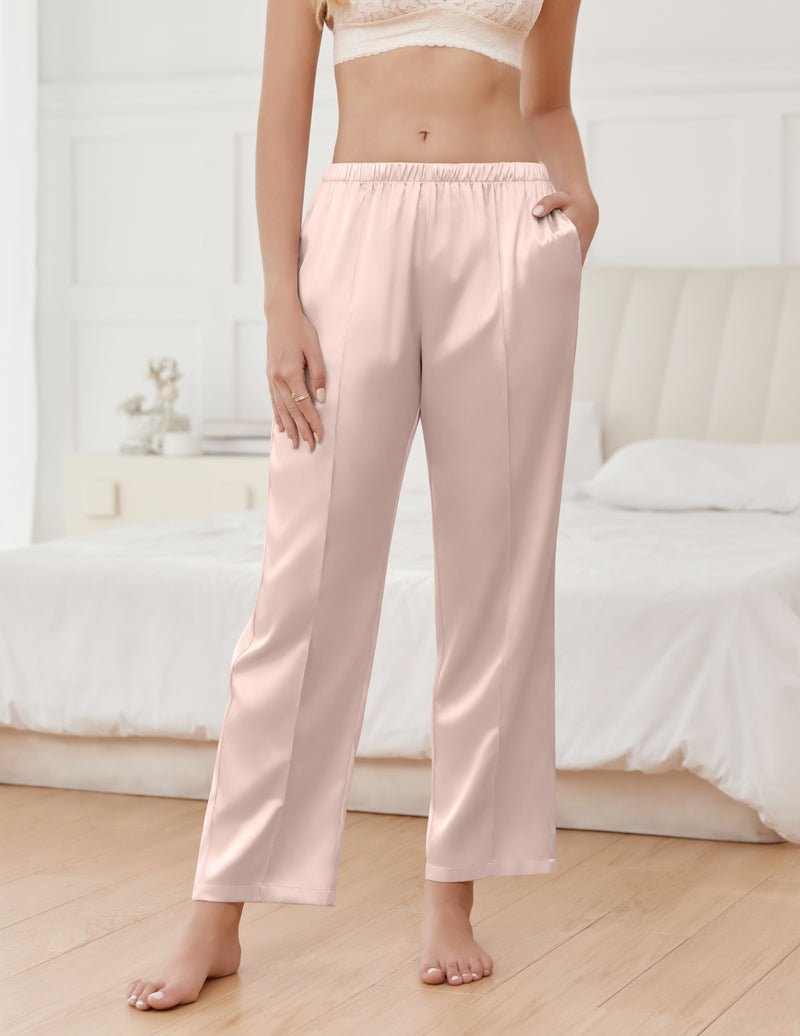 Silk satin pajama pants, light pink satin; elastic waistband and wide-leg length
