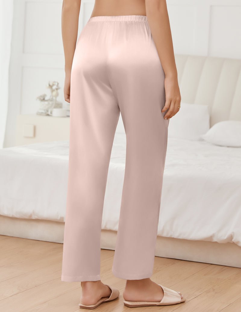 Silk satin pajama pants, blush pink satin; elastic waistband and relaxed wide legs