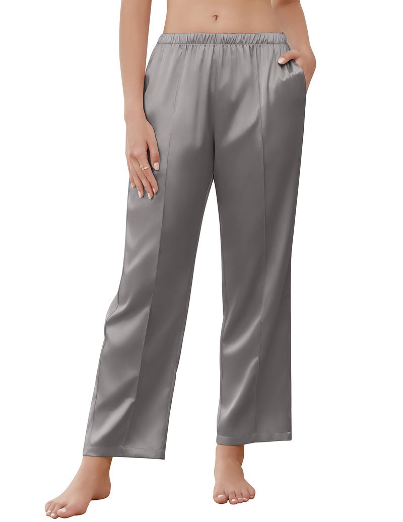 Gray satin pajama pants with elastic waistband and relaxed straight legs