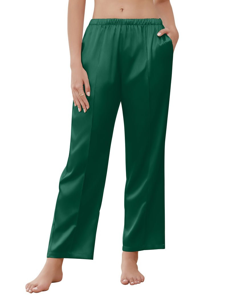 Deep green satin pajama pants with elastic waist and wide straight legs