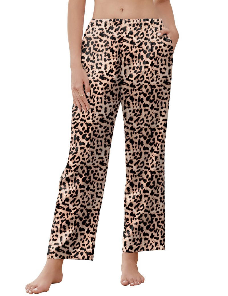Silk satin pajama pants, leopard print; elastic waistband and wide straight legs