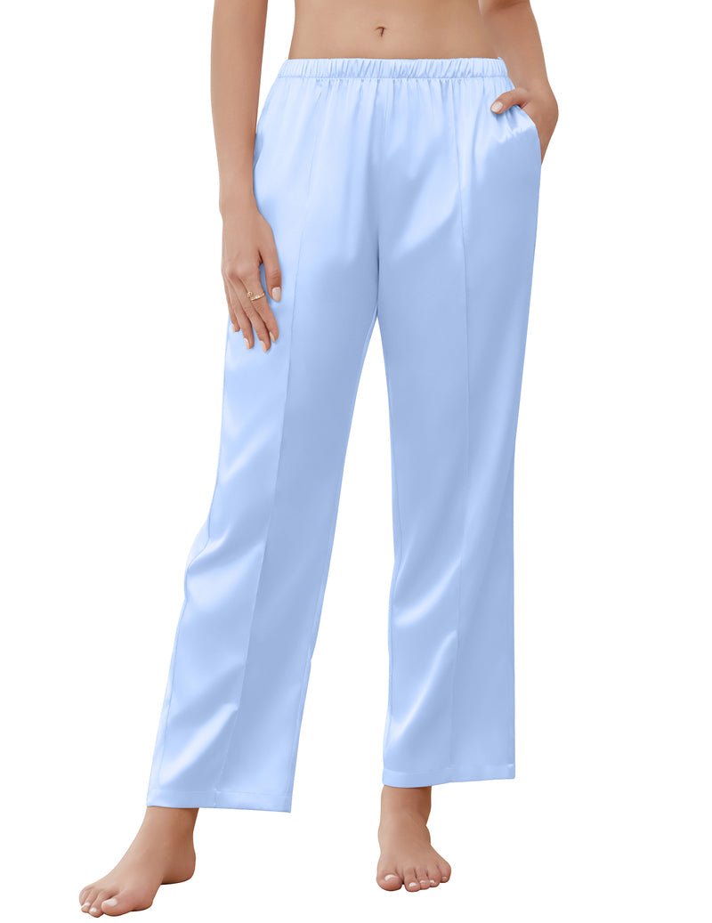 Light blue satin pajama pants with elastic waistband and wide cropped legs