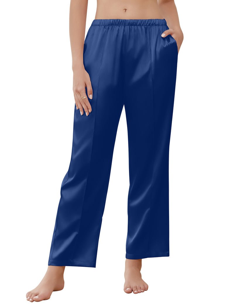 Navy blue satin pajama pants with elastic waistband and relaxed wide-leg shape