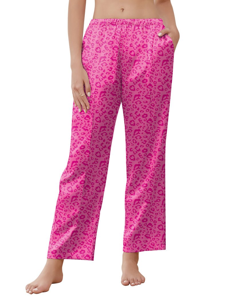 Silk satin pajama pants, pink leopard print; elastic waistband and wide legs