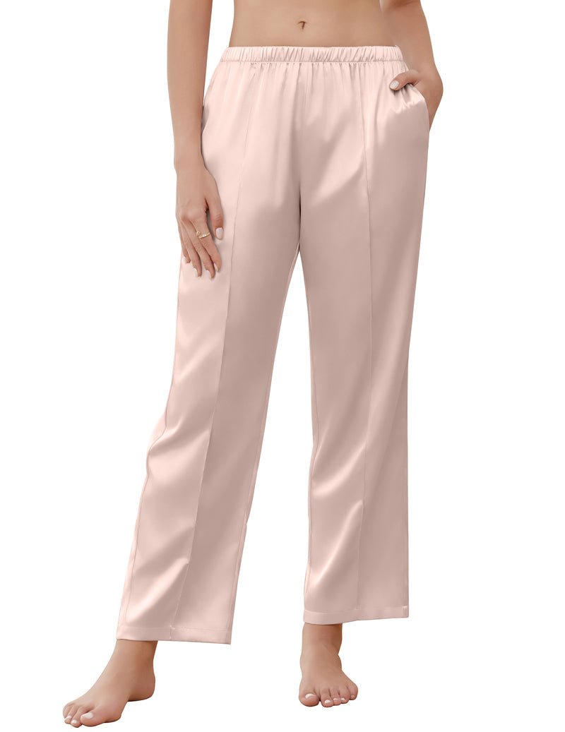 Silk satin pajama pants, champagne satin; elastic waistband and wide straight legs