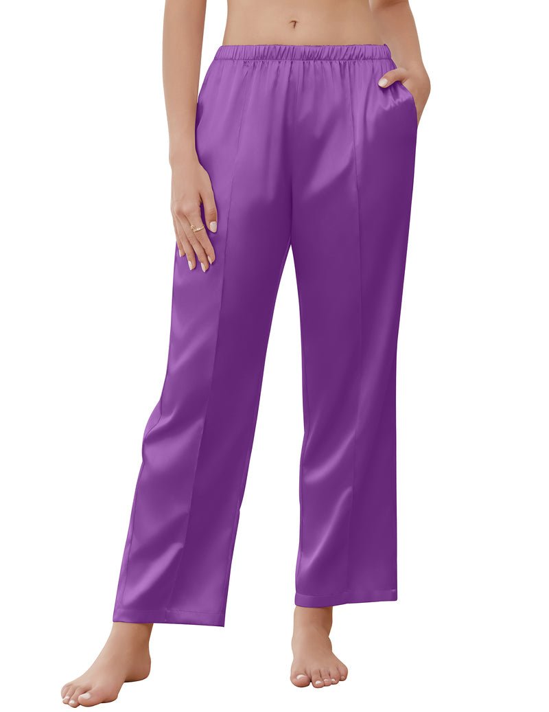Silk satin pajama pants, purple elastic waistband with relaxed wide-leg fit