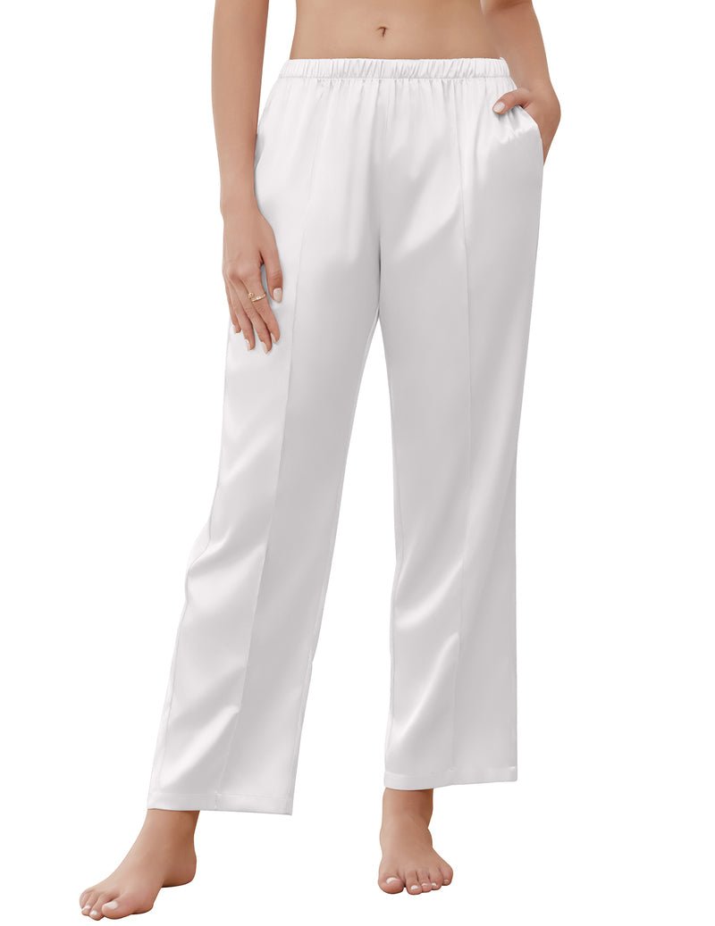 White satin pajama pants with elastic waistband and wide cropped straight legs