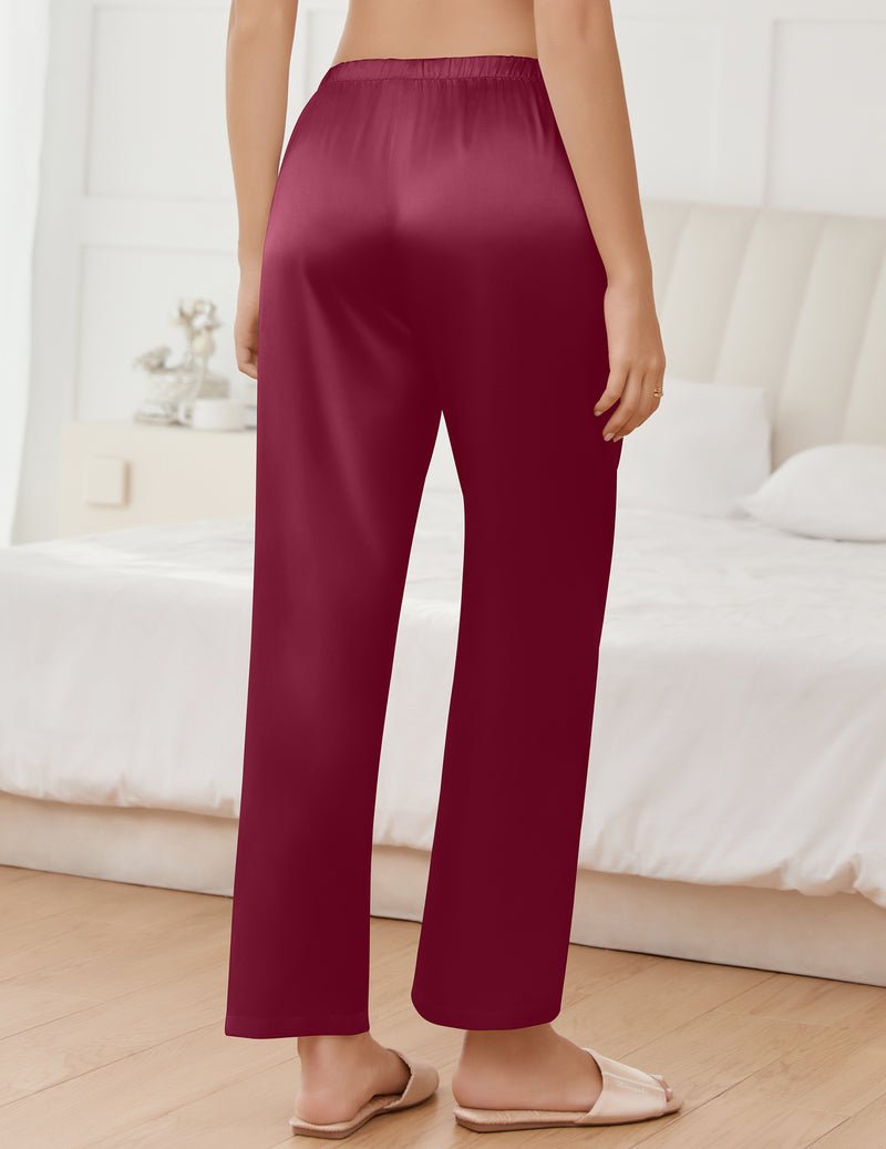 Wine red satin pajama pants with elastic waist and loose straight wide legs