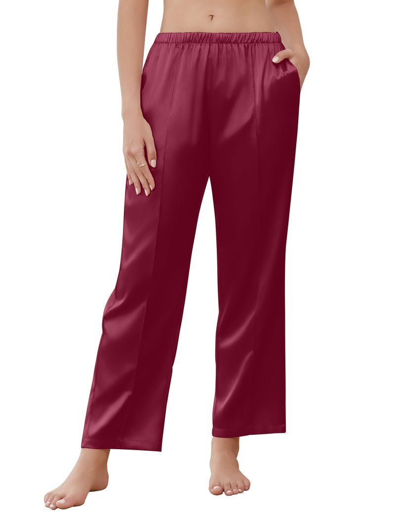Wine red satin pajama pants with elastic waistband and relaxed wide-leg fit