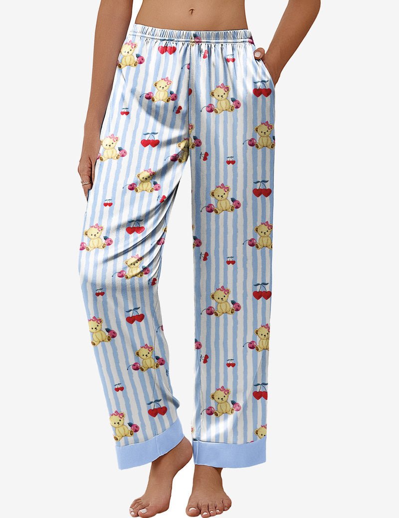 Blue striped pajama pants with teddy bear and bow print, elastic waist cuffs