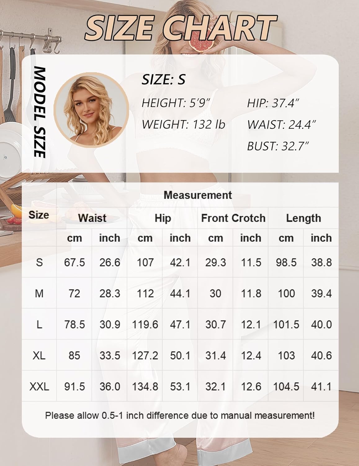 Size chart: silk satin pajama pants waist, hip, crotch, length by size