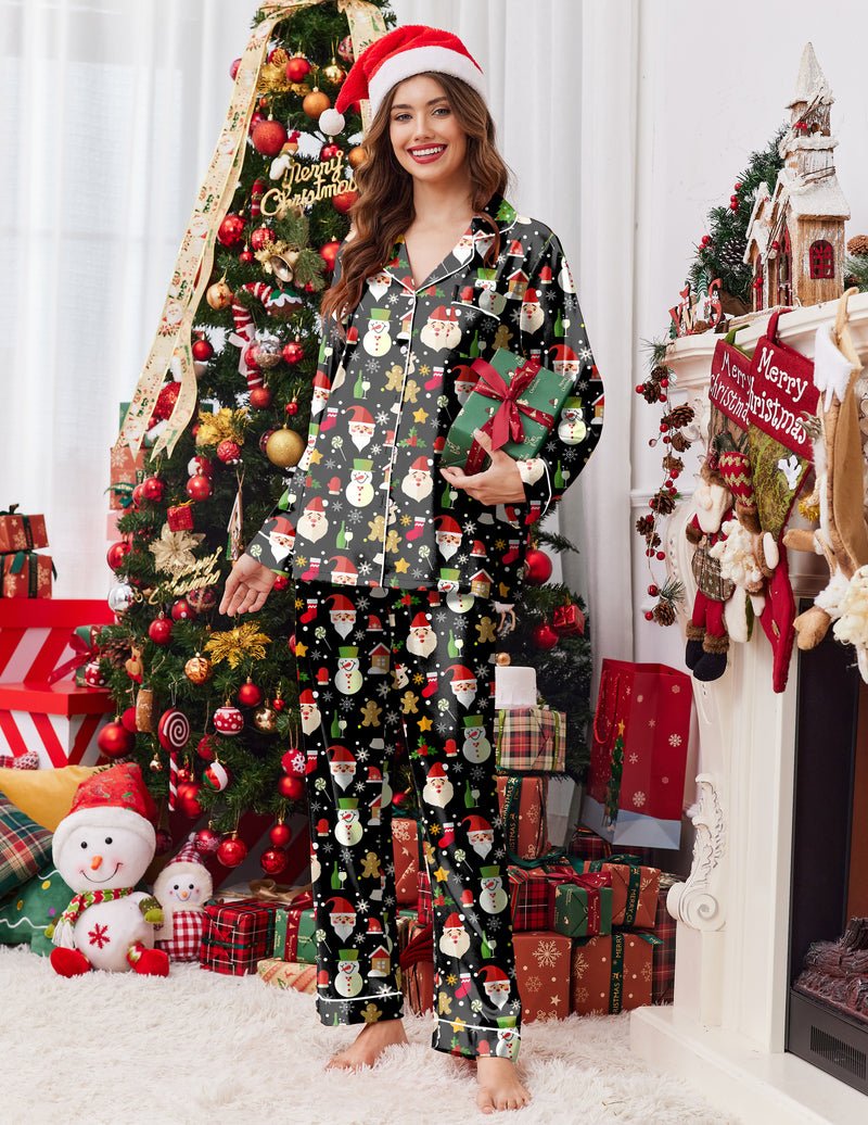Pyjama-Set Seidensatin, dunkles Weihnachtsdesign mit Knöpfen & lange Hose