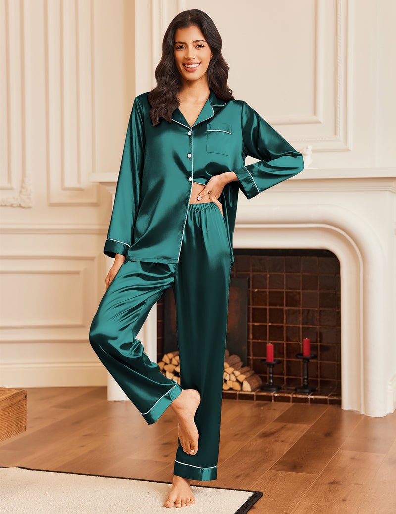 Dark green satin pajama set with button-up long sleeves and cuffed long pants