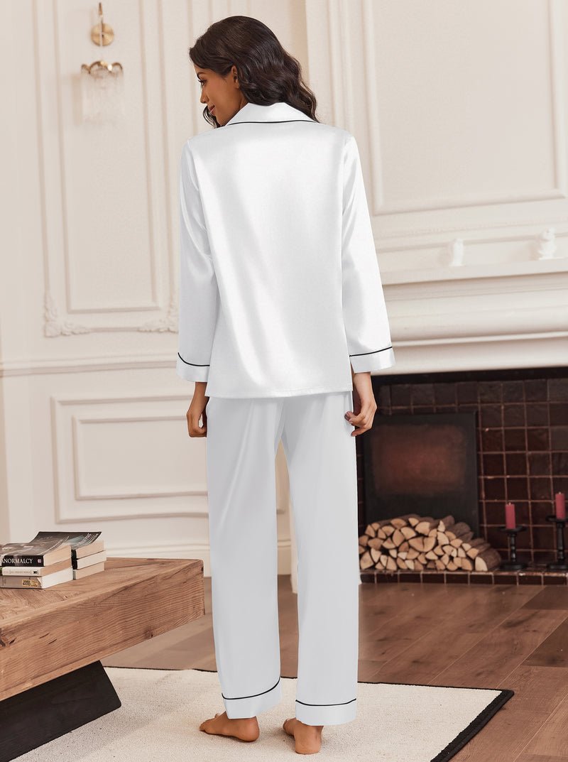 White satin pajama set, back view: button-up top and matching long pants