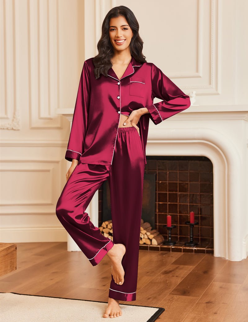Silk-Satin Pyjama-Set mit Knopfleiste, langarm, weinrot, kontrastfarbene Paspel