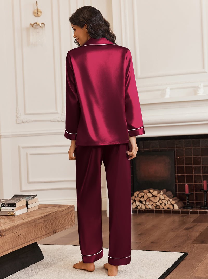 Silk-Satin Pyjama-Set, Langarmhemd und lange Hose, weinrot mit Kontrastpaspel