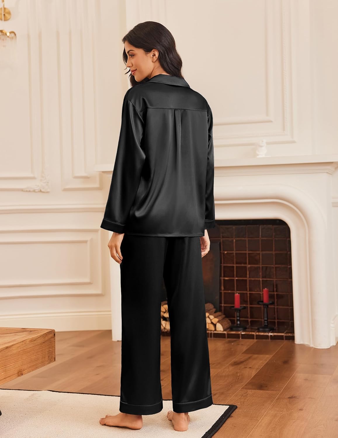 Black silk satin pajama set, back view with button-down top and wide-leg pants