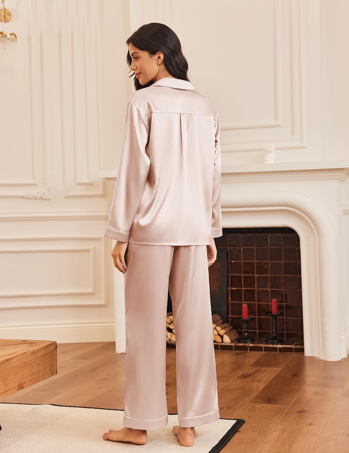 Silk satin pajama set in champagne, back view: button-up shirt and wide-leg pants